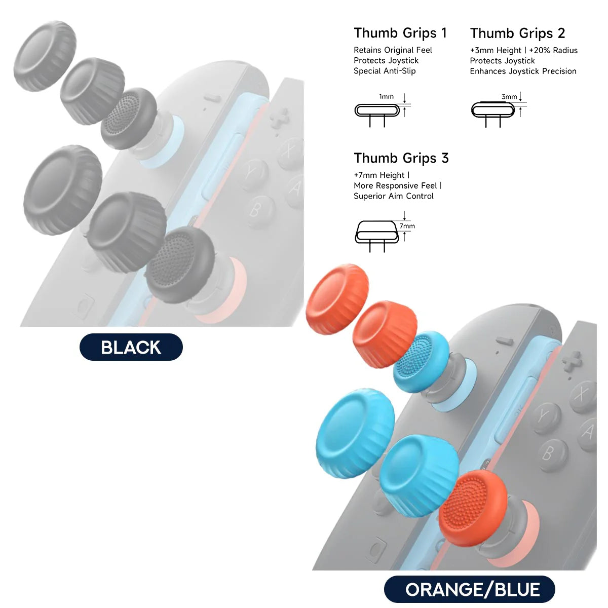 JSAUX Multi-Mode Thumb Grip Set for Nintendo Switch 2 (Black, Orange/Blue) (GP0404)