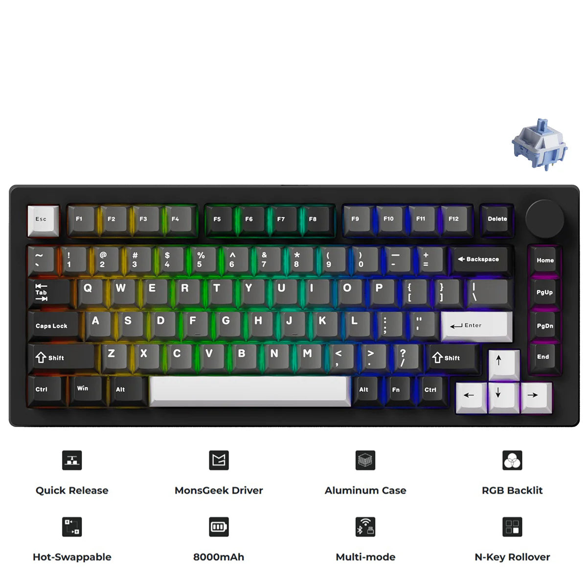 MonsGeek M1 V5 Black & Silver Aluminum Case Multi-Mode RGB Hot-Swappable Mechanical Keyboard (Akko Mirror Switch, Akko Cilantro Switch)