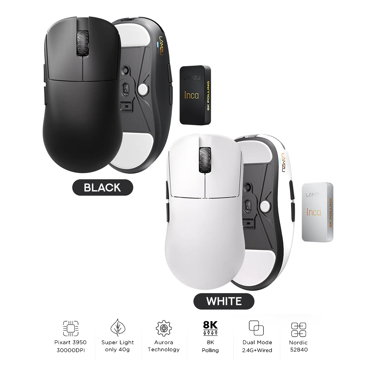 Lamzu INCA 8K Superlight Wireless Gaming Mouse (Black, White)