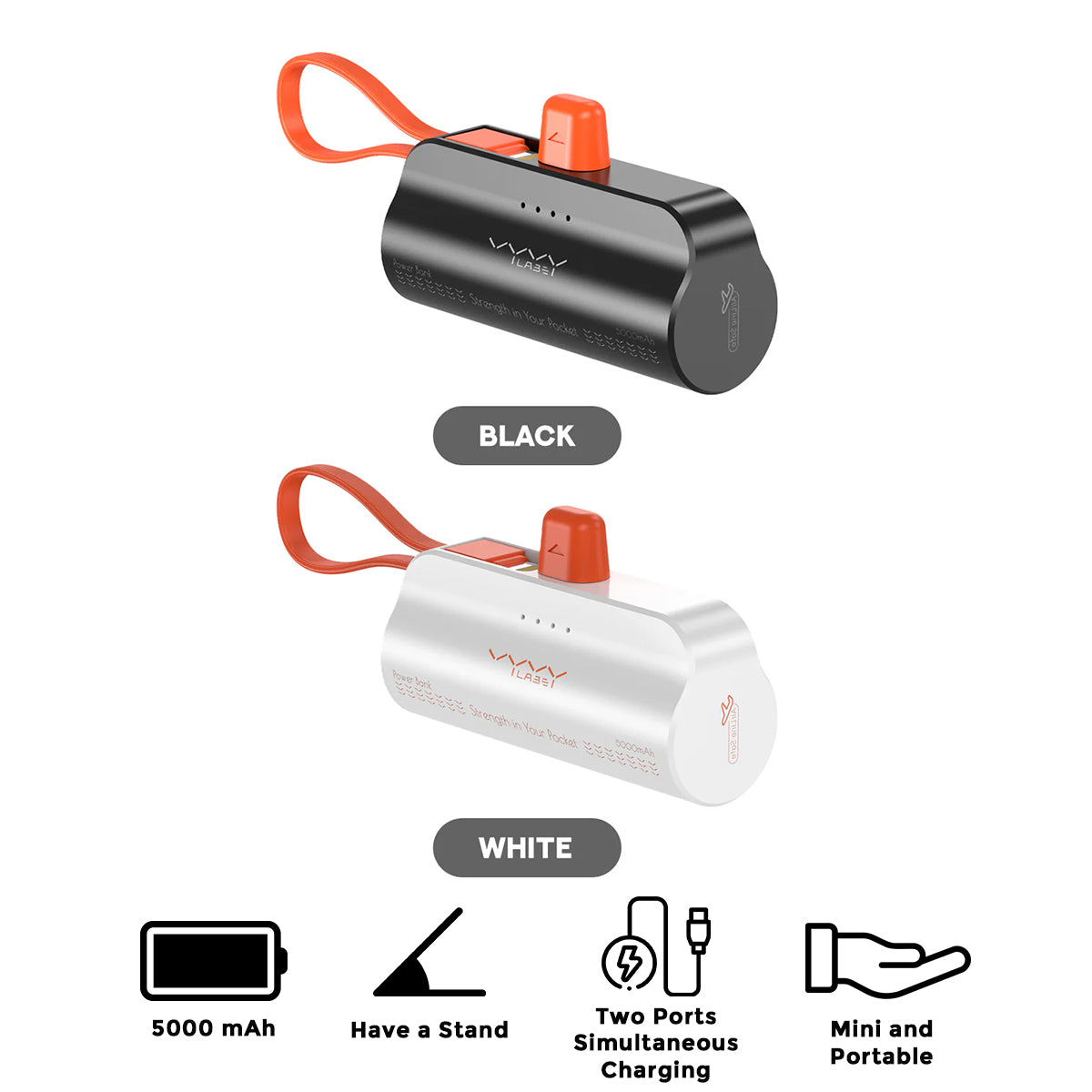 Vyvylabs Q12 Capsule Power Bank 5000mAh Type-C with iP Cable and Stand