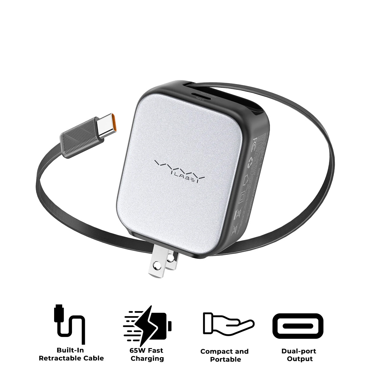 Vyvylabs Swiftshine GaN Fast Charger 65W C with Retractable C Cable