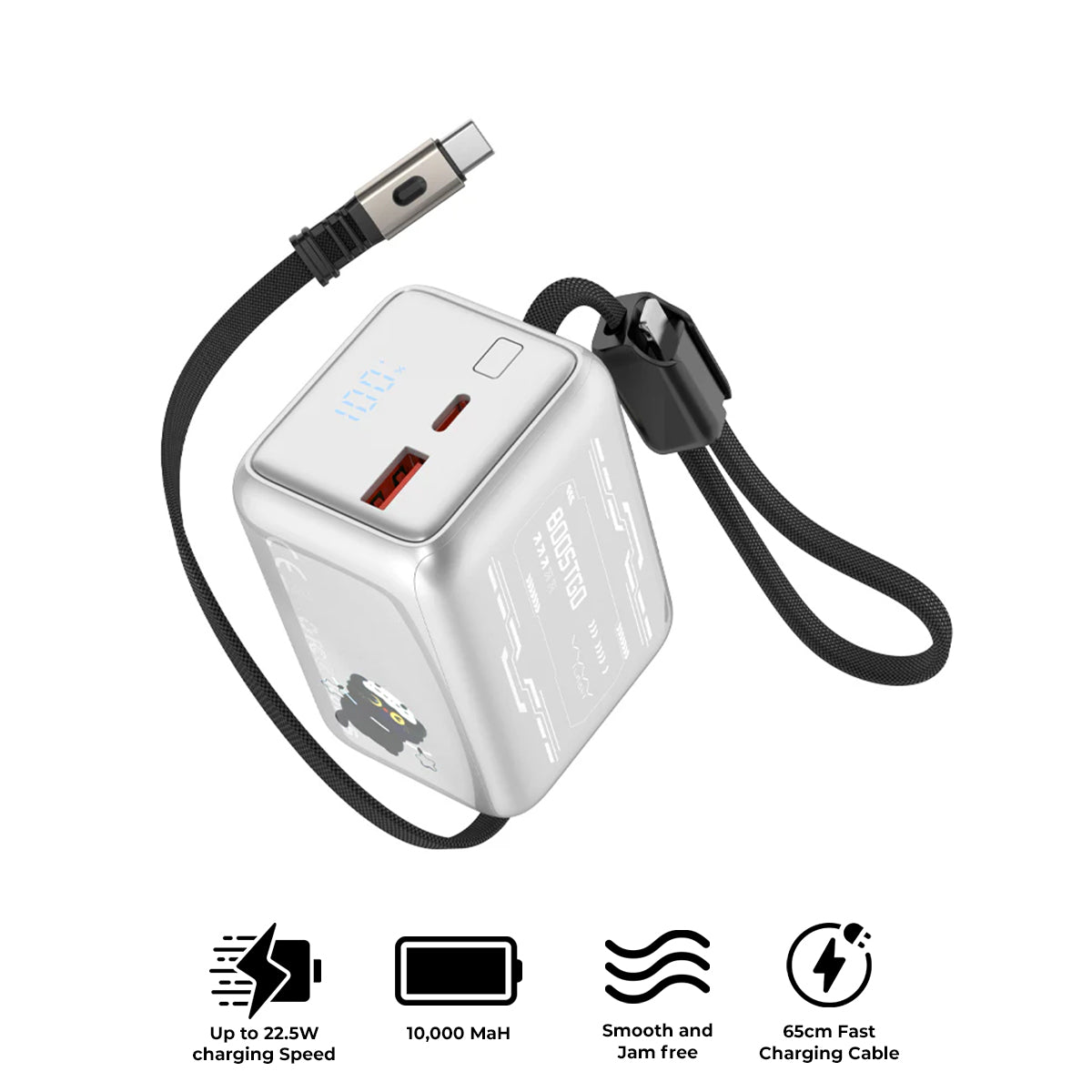 Vyvylabs BoostGo Power Bank 10000mAh 22.5W with Retractable C+L Fast Charging Cable (Silver) (XHD-G72-SLV)