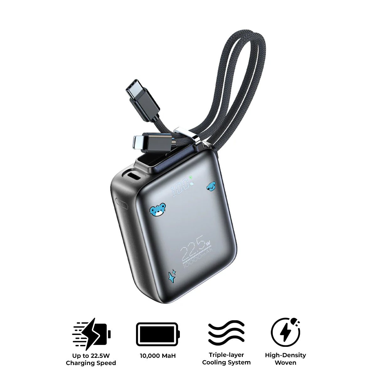 Vyvylabs SwiftPow Power Bank 10000mAh 22.5W with Dual Cable C+L (Black) (XG-D930-BK)