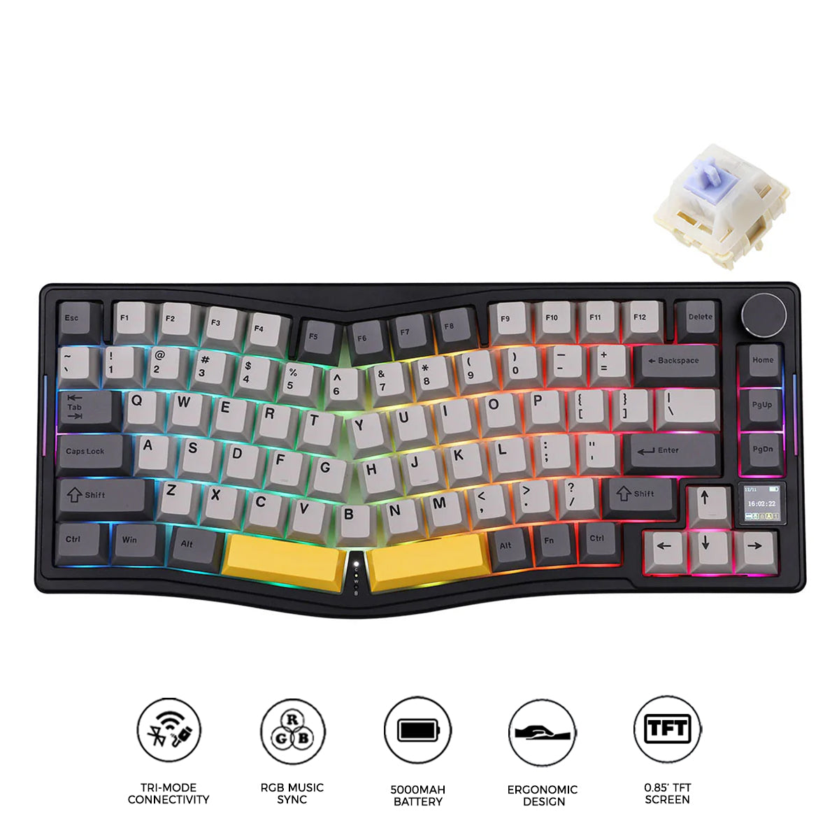 Ajazz AKS075 RGB Tri-Mode 75% Keys Hotswappable Mechanical Keyboard with Screen (Black/Gray/Yellow) (Gift Switch)