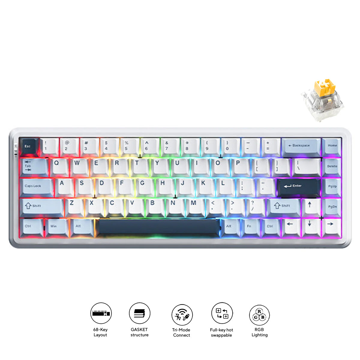 Ajazz AK680 Max RGB Tri-Mode 68-Keys Aluminum Positioning Plate Gasket-Mounted South Facing (1K Wireless + 8K Wired) Polling Rate Hot Swappable Mechanical Keyboard (Blue/White/Blue) (Magnetic Grain Switch)