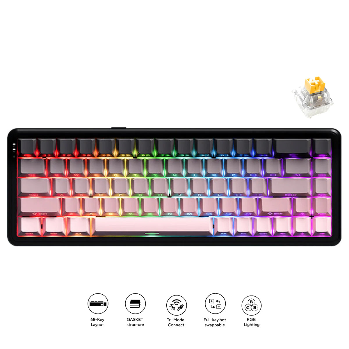 Ajazz AK680 Max RGB Tri-Mode 68-Keys Aluminum Positioning Plate Gasket-Mounted South Facing (8K Wireless + 8K Wired) Polling Rate Hot Swappable Mechanical Keyboard (Gradient Pink) (Magnetic Grain Switch)