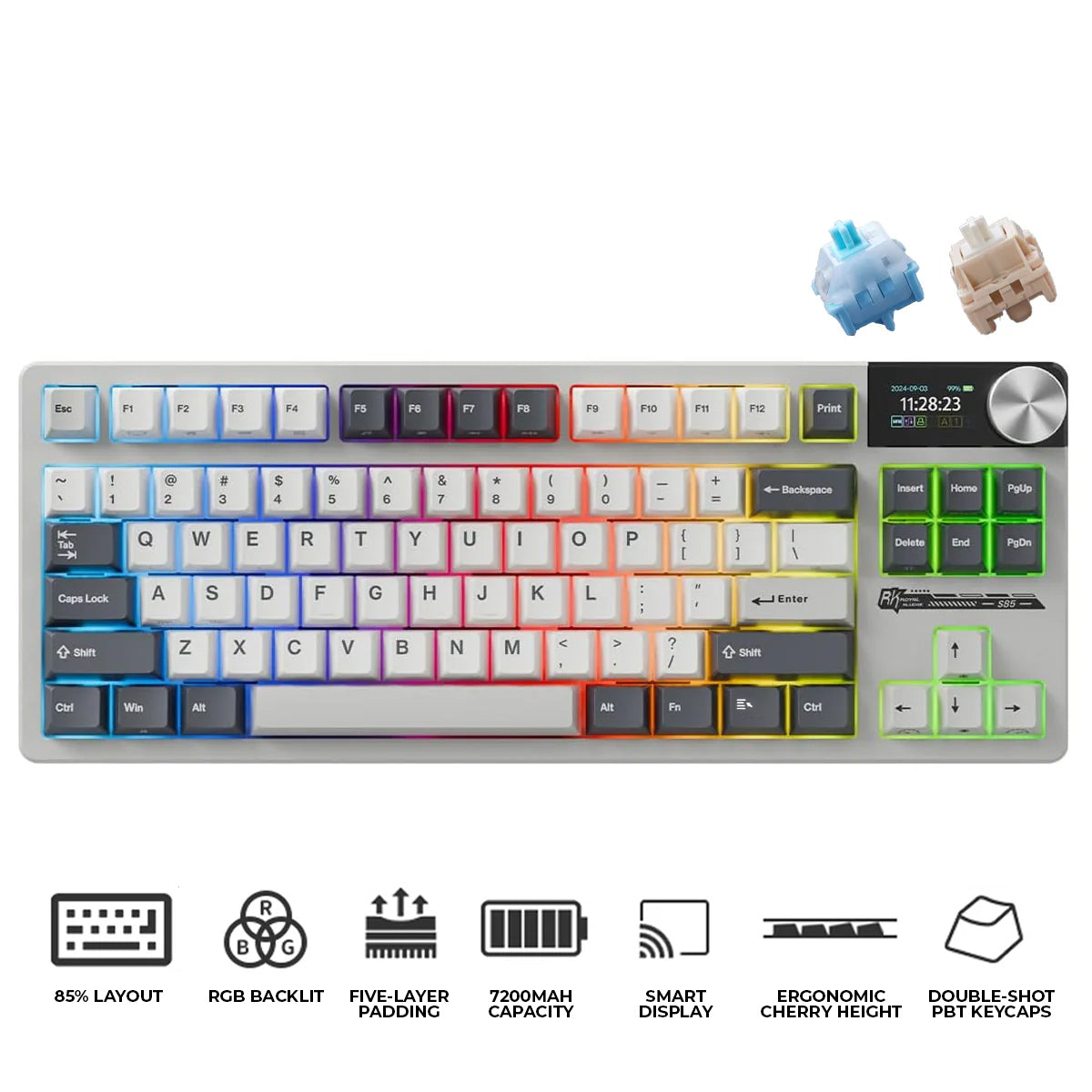 Royal Kludge RK-S85 Tri-Mode RGB 85 Keys Hot Swappable Mechanical Keyboard White Night (Cloud Switch, Beige Switch)