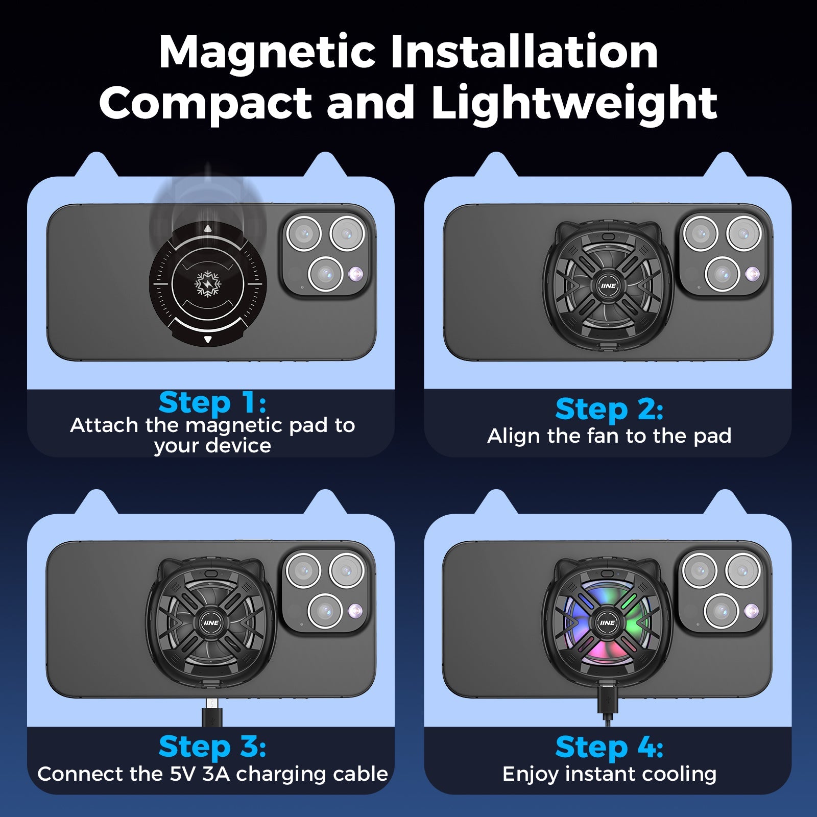 IINE Chill Meow Magnetic RGB Cooling Fan (Black, Silver)