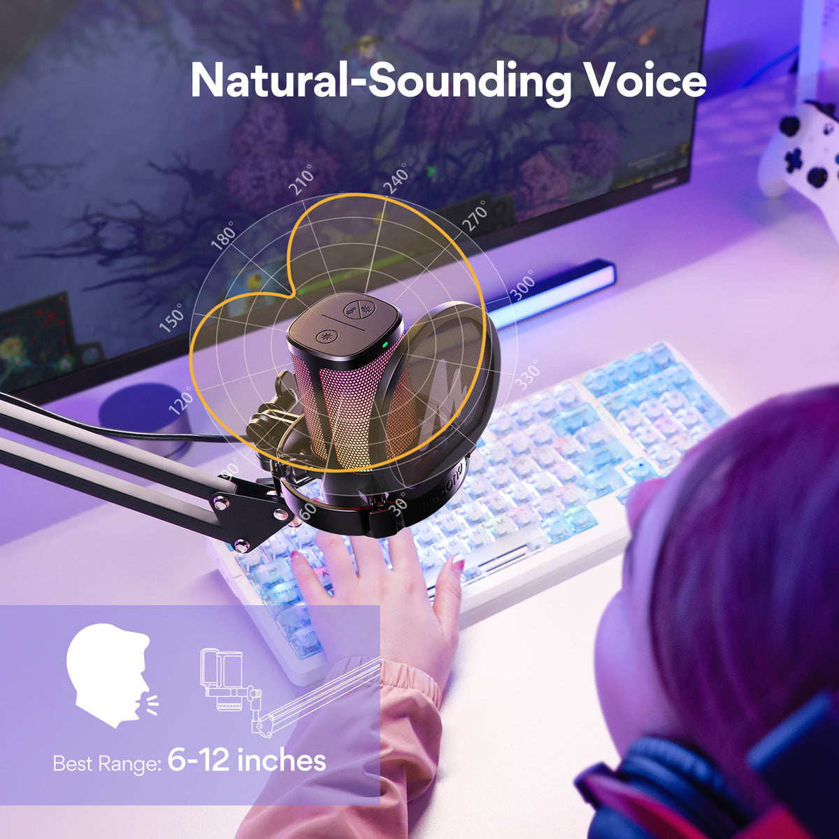 Maono DGM20G S GamerWave USB RGB Condenser Noise Canceling Microphone with Boom Arm