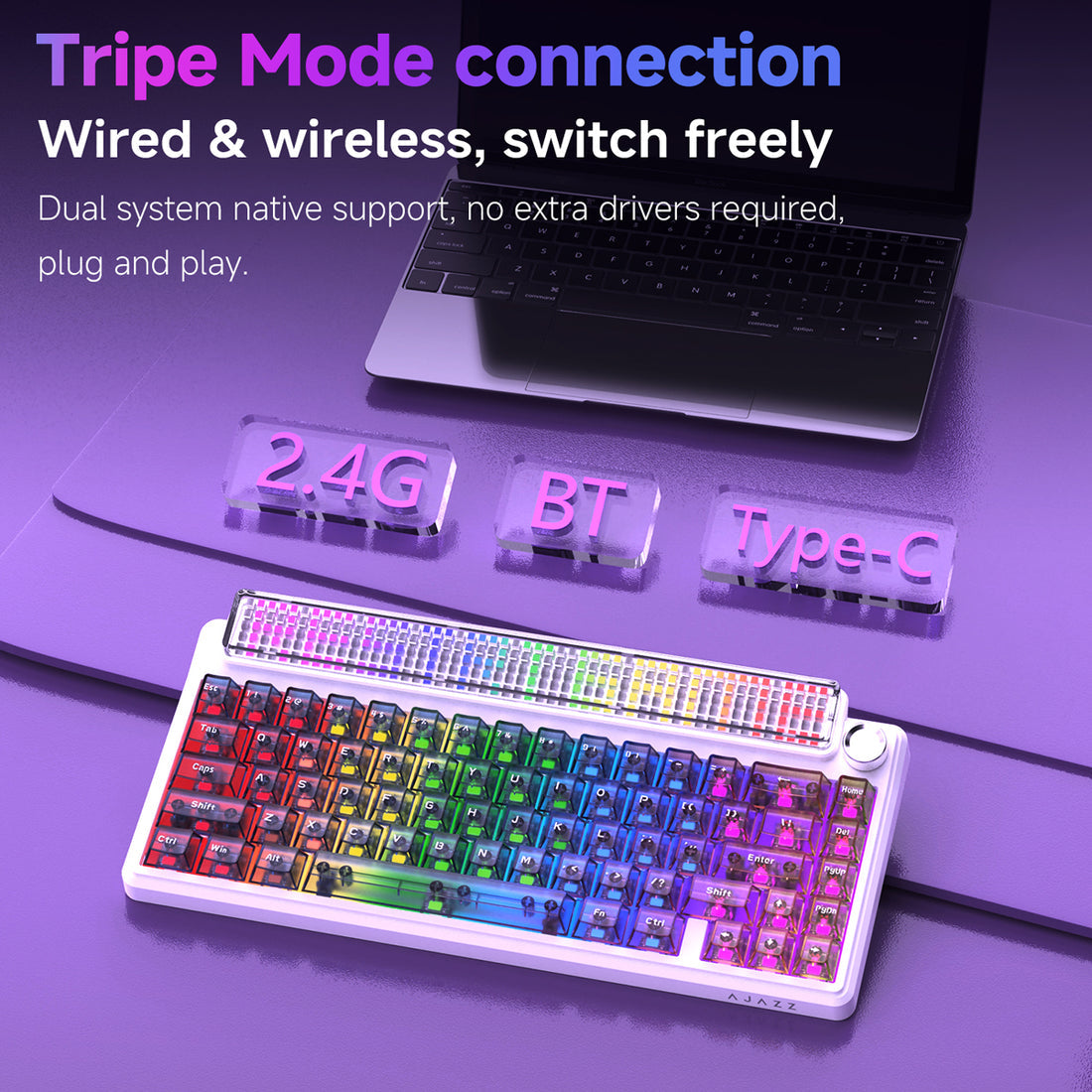 Ajazz Pixel68 Dot Matrix Large Screen RGB Tri-Mode Mechanical Keyboard (Black) (White Peach Switch)