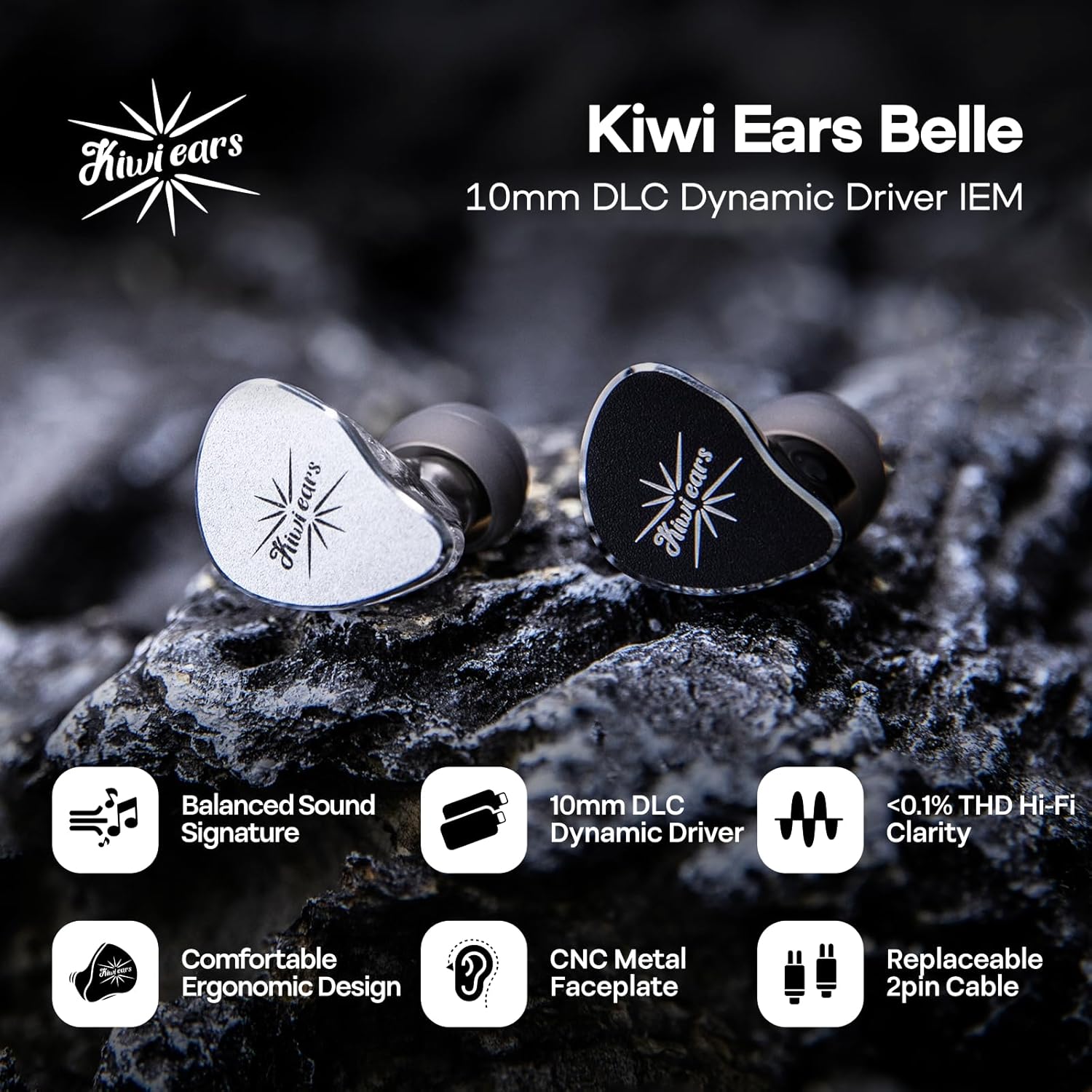 Kiwi Ears Belle 10mm DLC Dynamic Driver, HiFi Wired Earbuds