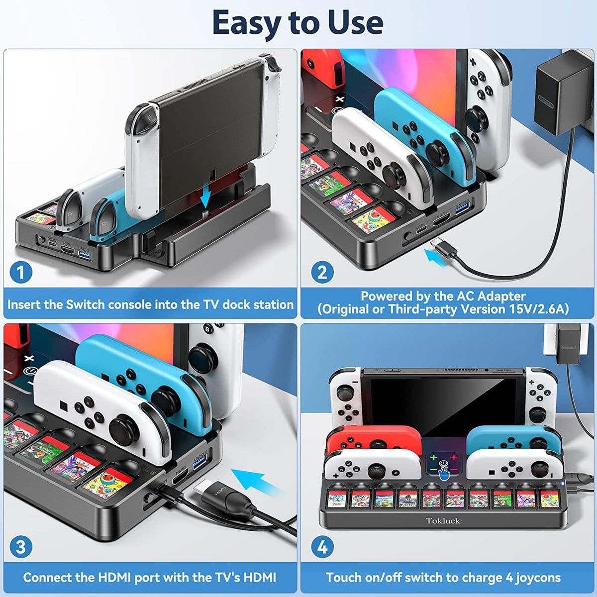 Tokluck TV Dock Station for Switch/ Switch OLED w/ Controller Charger & Game Slots (Black)
