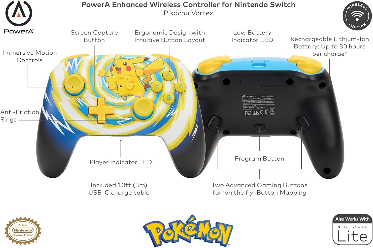 Power A NSW Enhanced Wireless Controller Pikachu Vortex For Nintendo Switch