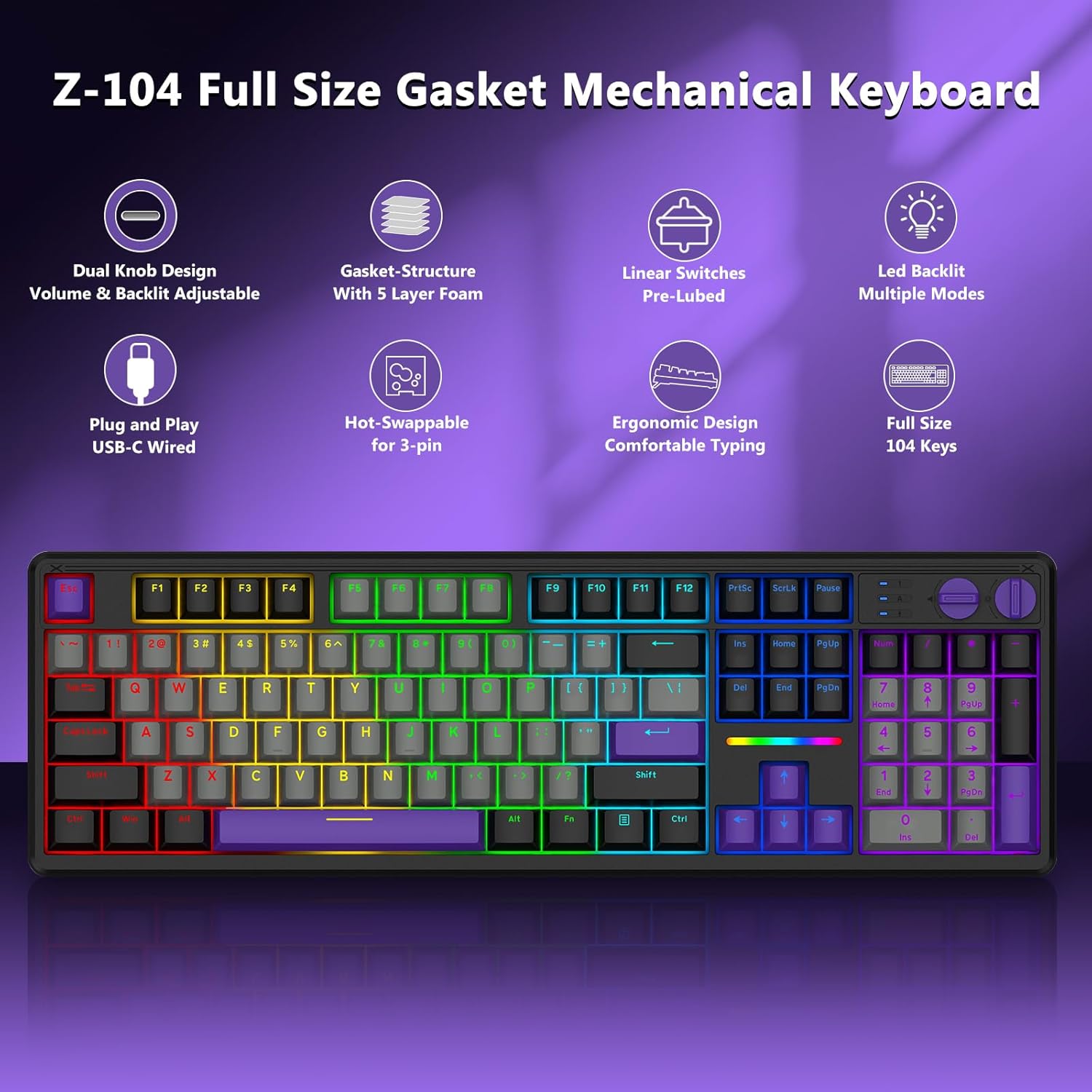 E-Yooso Z-104 Rainbow Light Wired Mechanical Keyboard Grey/Black/Purple (Silverwood Switch)