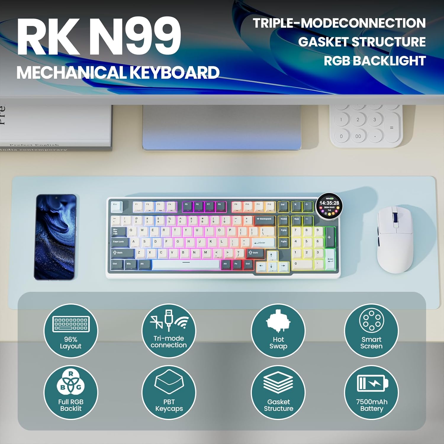 Royal Kludge RK-N99 Tri-Mode RGB 98 Keys Hot Swappable Mechanical Keyboard Moon