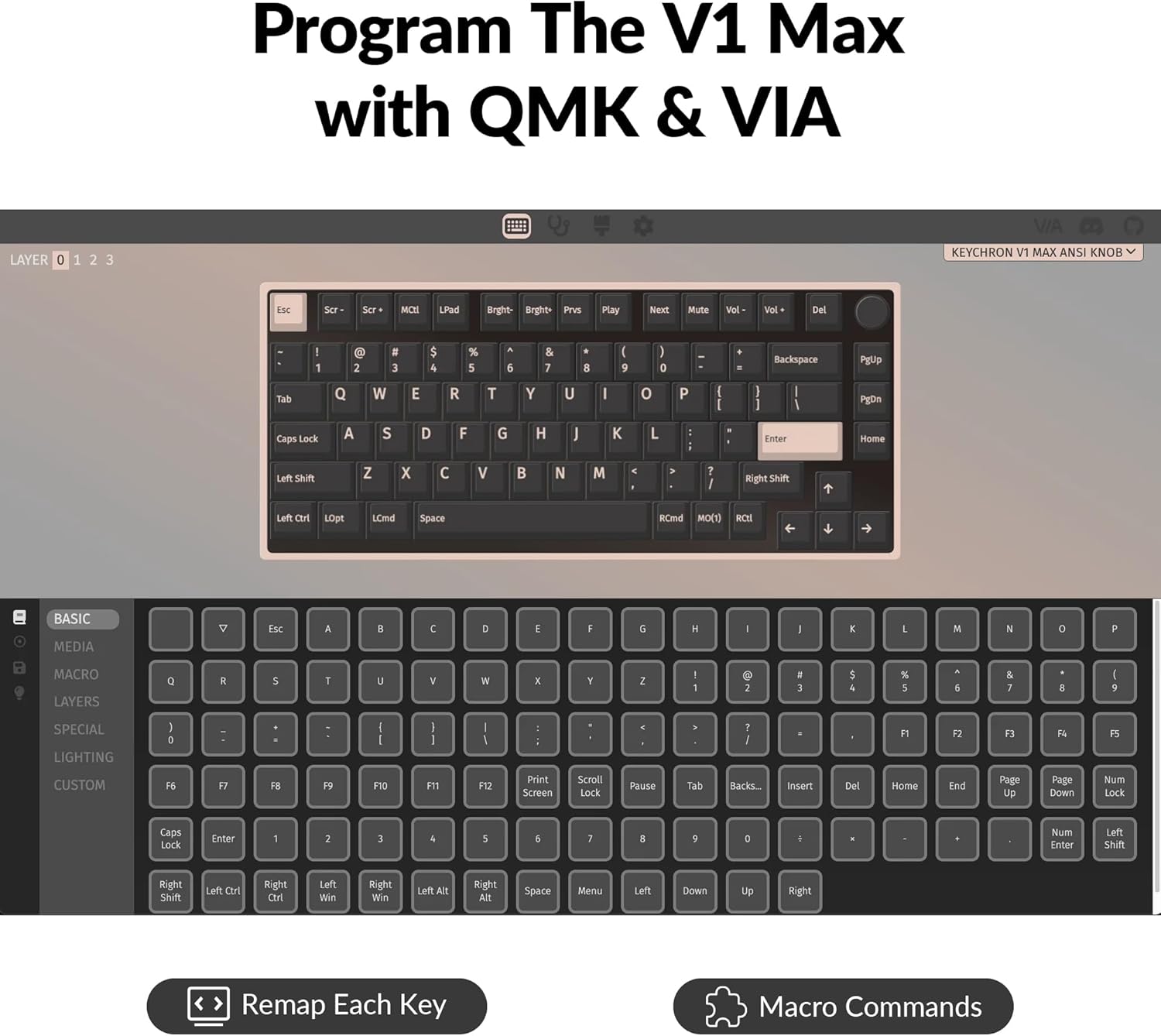 Keychron V1 Max QMK/VIA Fully-Assembled with Knob Hot-Swappable RGB Backlight 75% Wireless Custom Mechanical Keyboard - Carbon Black