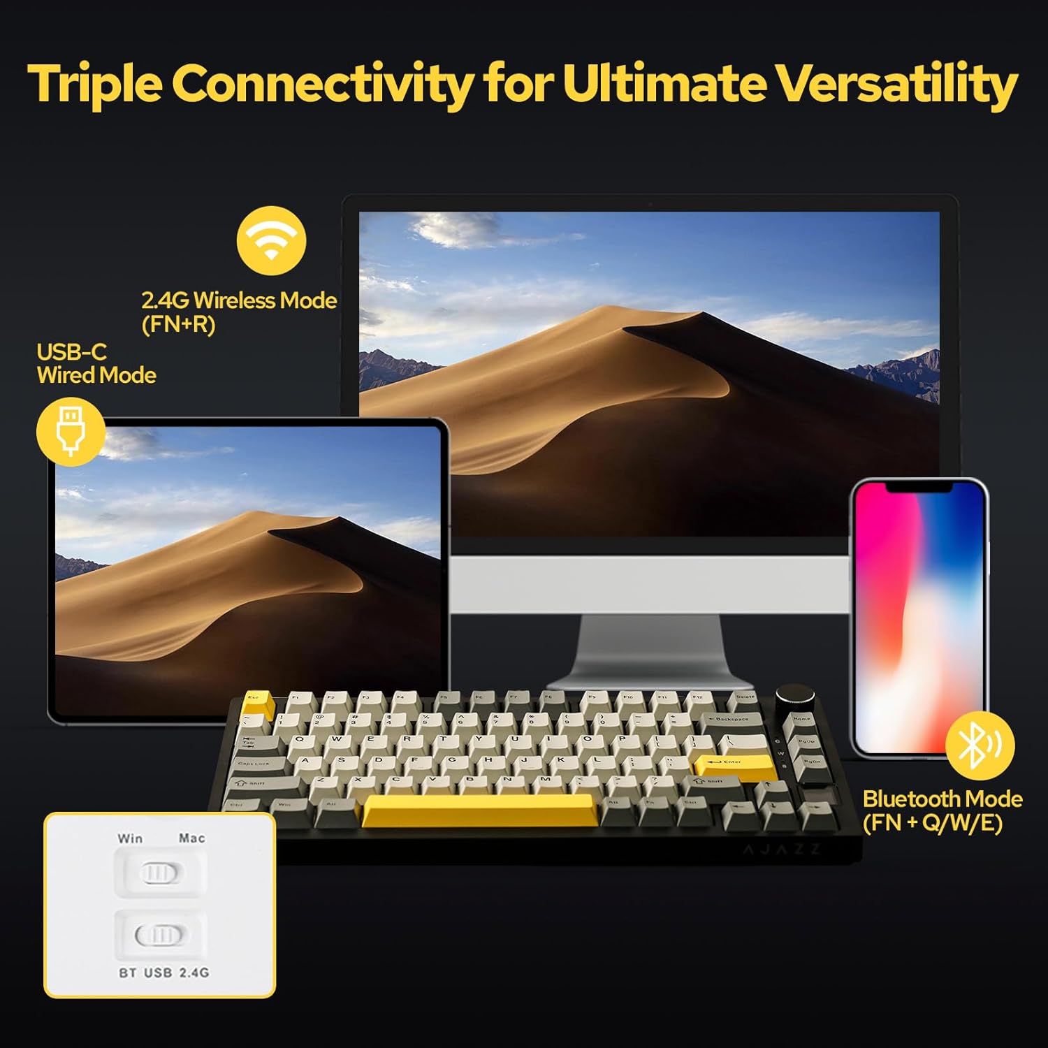 Ajazz AK820 Pro RGB Tri-Mode 75% Hot-Swappable Mechanical Keyboard with TFT Screen