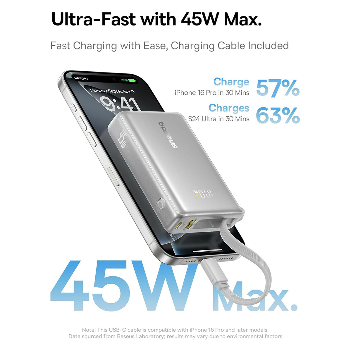 Baseus PicoGo Digital Display Power Bank 10000mAh 45W with Built-in USB-C Cable (Galaxy Natural Titanium, Moon White)