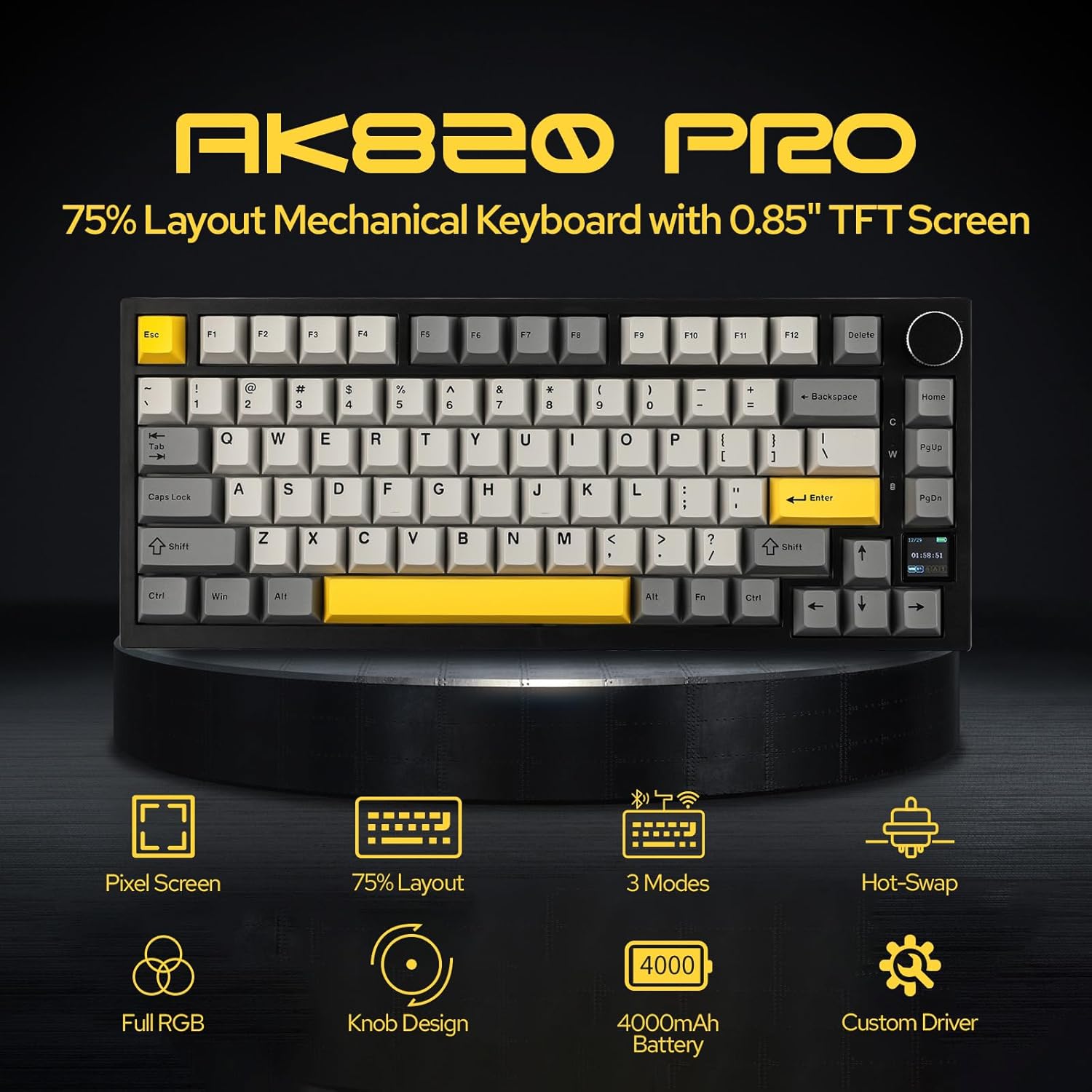 Ajazz AK820 Pro RGB Tri-Mode 75% Hot-Swappable Mechanical Keyboard with TFT Screen