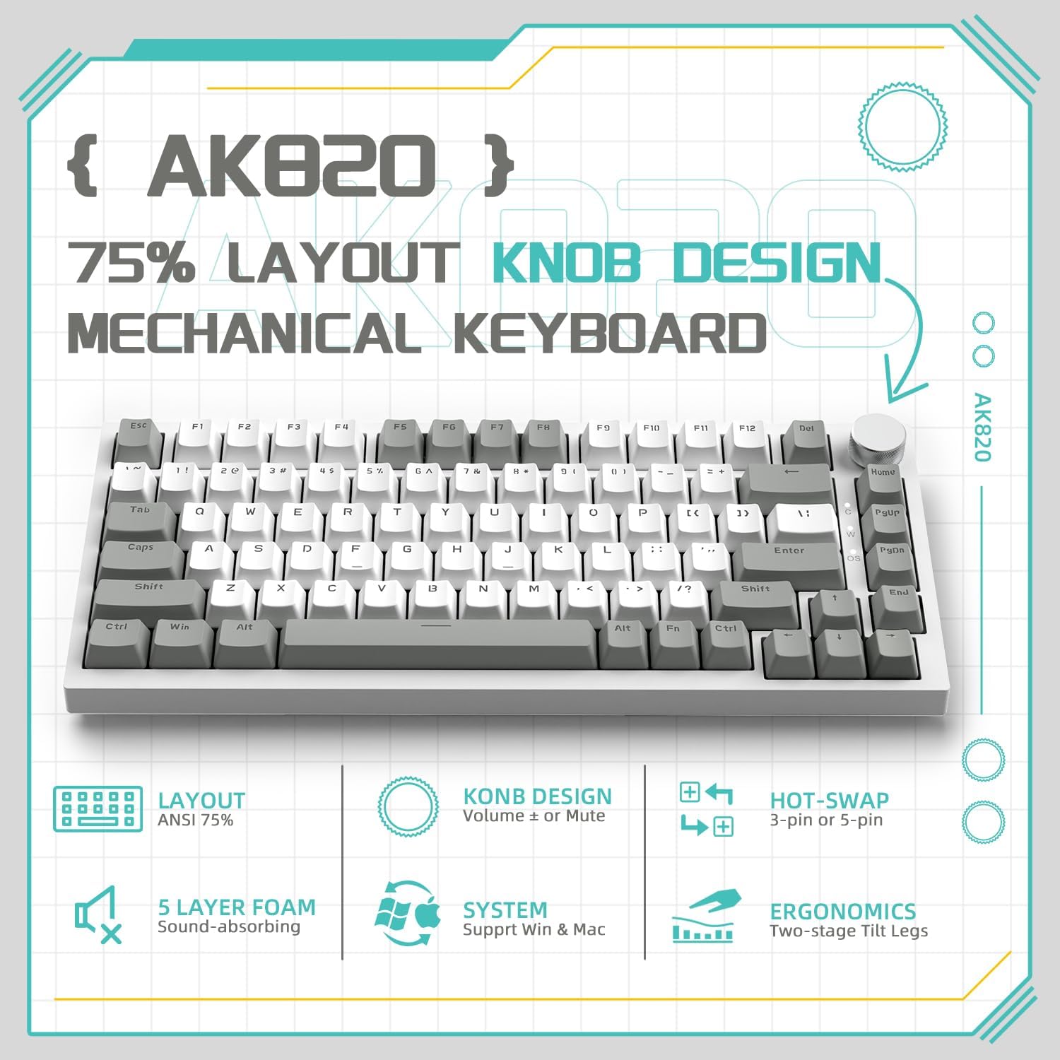 Ajazz AK820 White Backlit Wired 75% Hot-Swappable Mechanical Keyboard (Grey/White) (Red Switch)