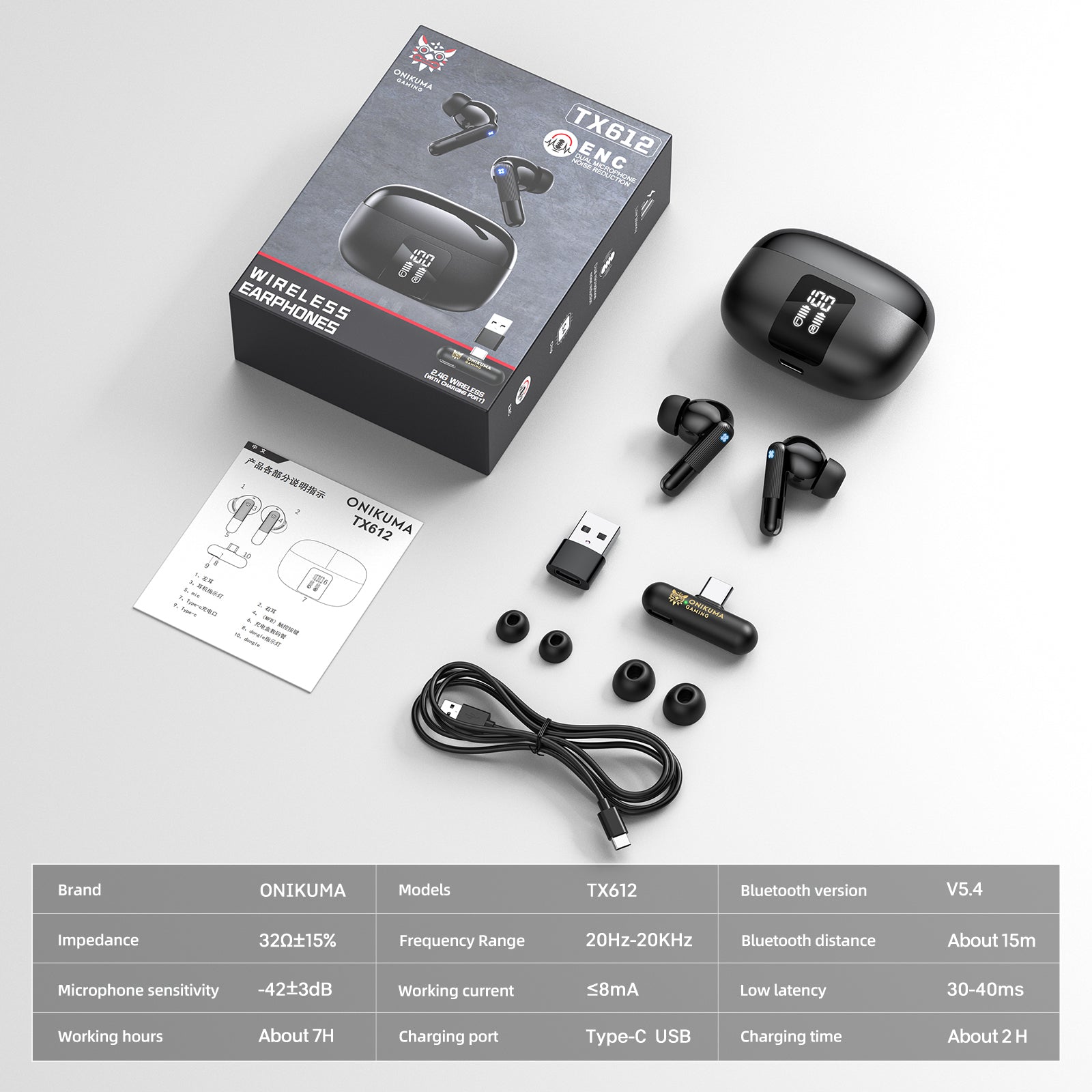 Onikuma TX612 ENC Dual Microphone Noise Reduction Wireless Earphones (Black)