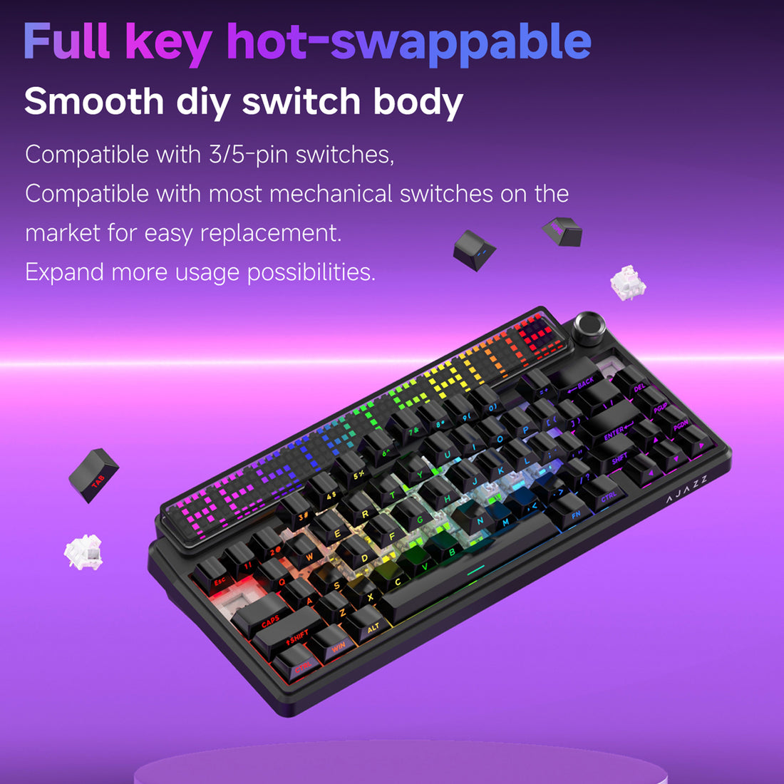 Ajazz Pixel68 Dot Matrix Large Screen RGB Tri-Mode Mechanical Keyboard (Black) (White Peach Switch)