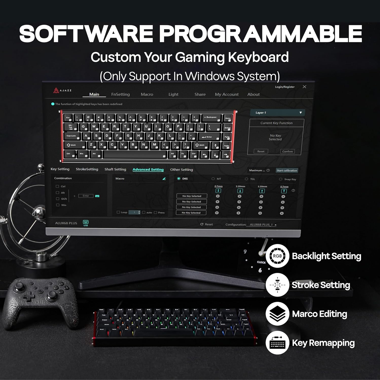 Ajazz ALUX68 Plus RGB Wired 68-Keys Aluminum CNC Case Hot-Swappable Mechanical Keyboard (Black)
