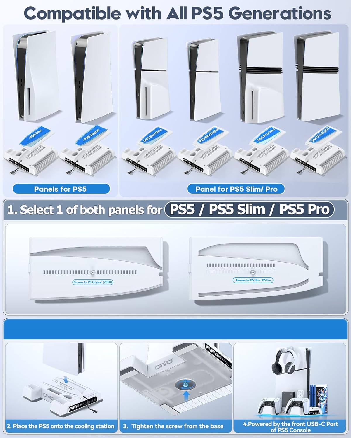 OIVO Cooling Stand with Dual Controller Charger for PS5 / PS5 Slim / PS5 Pro (White) (IV-P5329X-PRO)