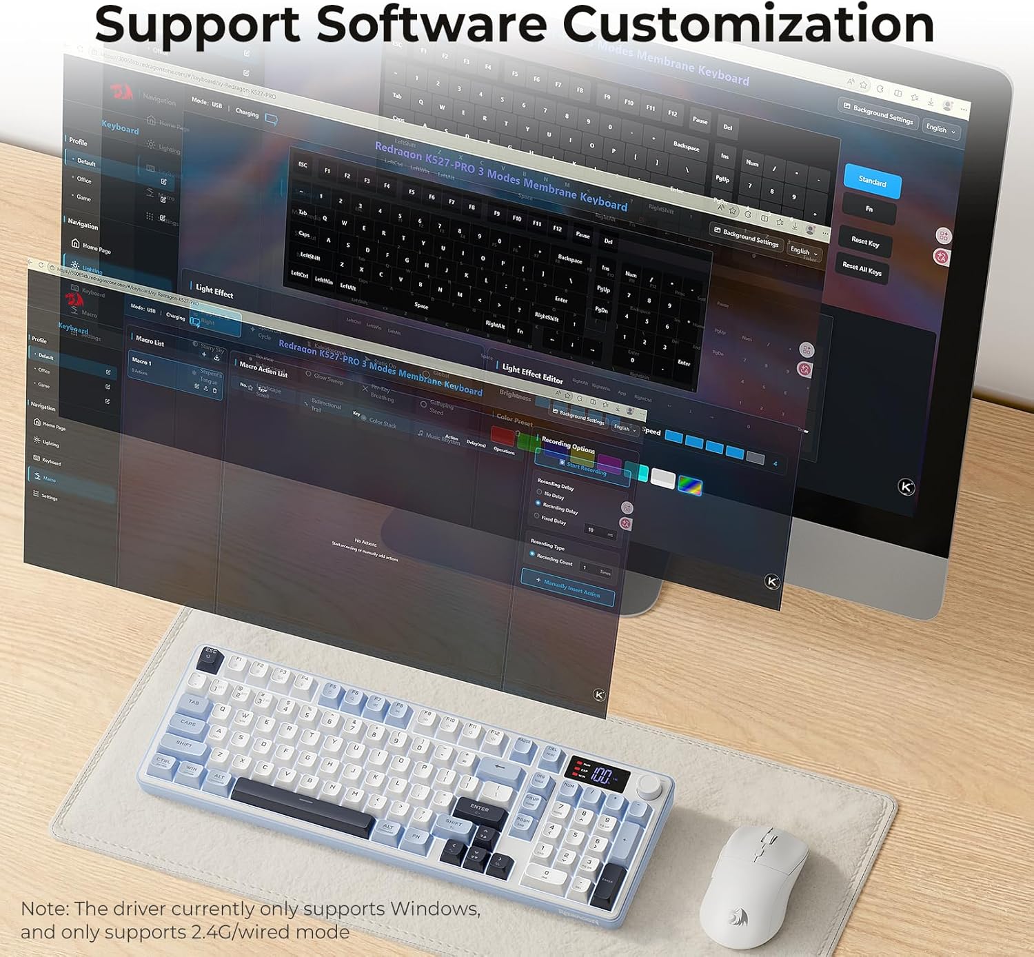 Redragon Aria Pro K527WBL Tri-Mode Ultra-Quiet Membrane RGB Keyboard with LCD Display & KnobControl