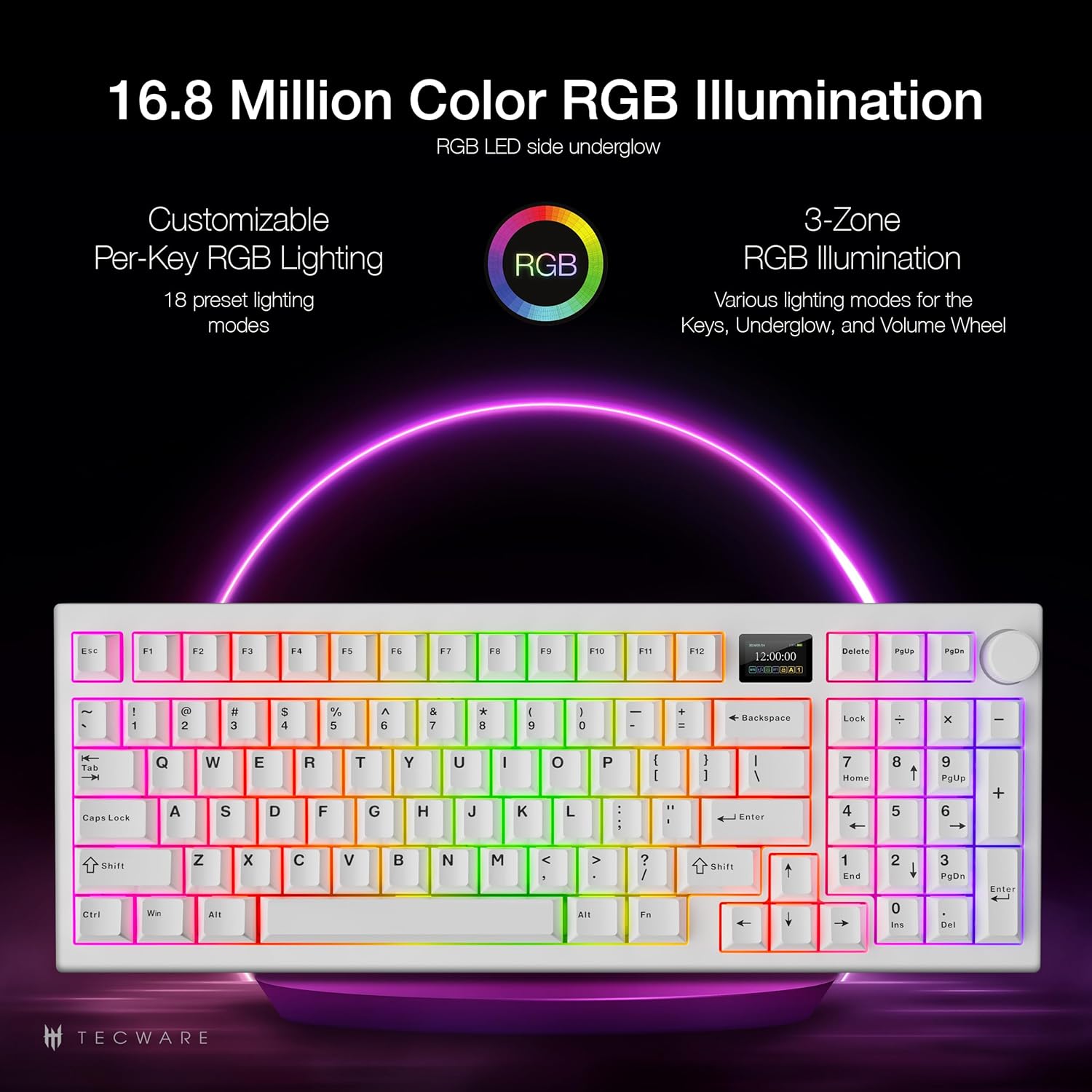 Tecware Spectre 96 RGB Tri-Mode 96-Key Gasket Mounted Mechanical Keyboard with Customizable LCD Display & Volume Knob (White)