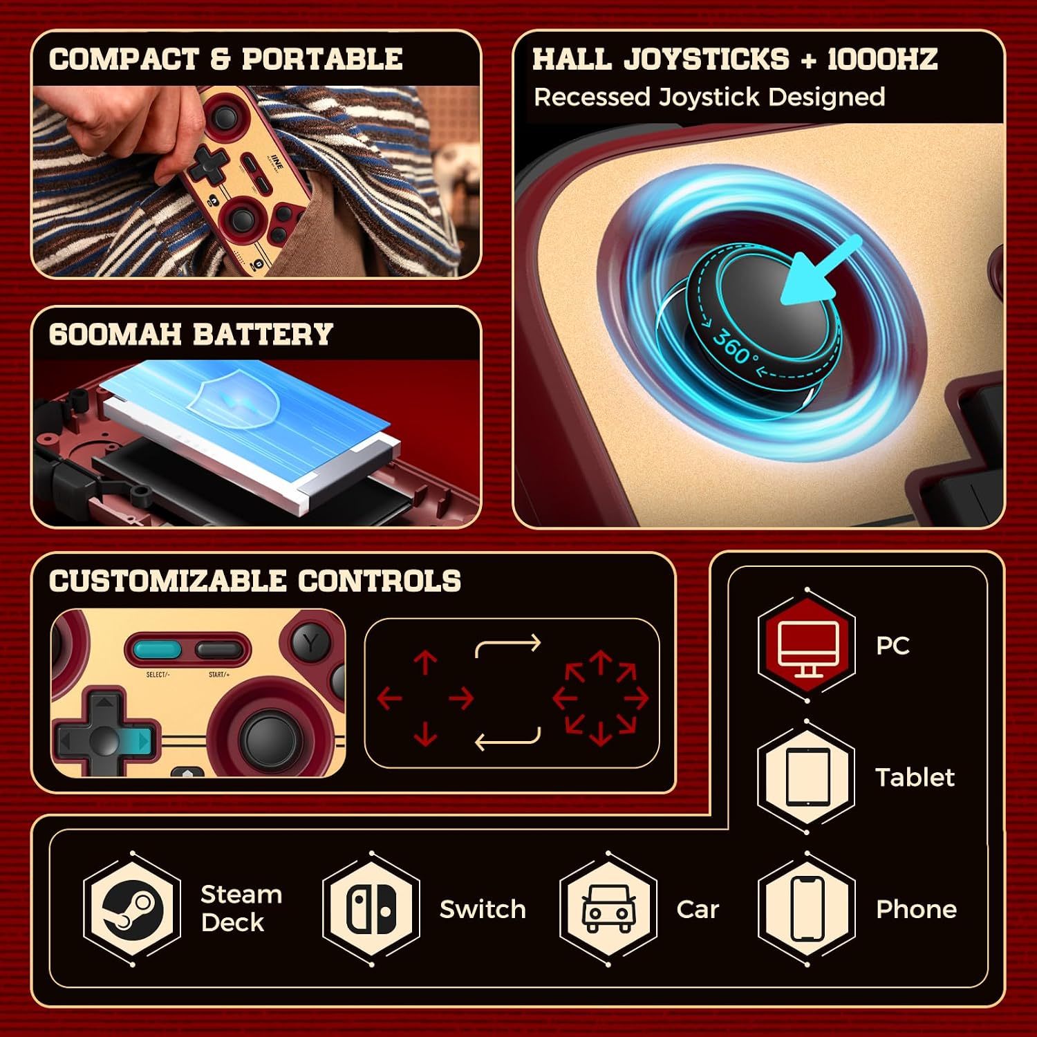 IINE Palm-Sized Retro Chronos Controller for Nintendo Switch / Nintendo Switch 2 (Red) (L1241)