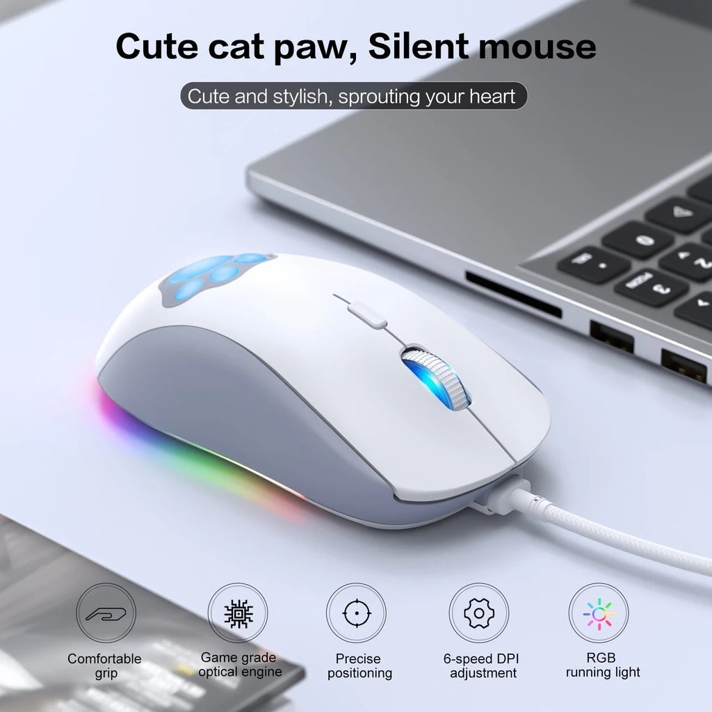 Onikuma CW918 Cat Paw RGB Wired Professional Gaming Mouse (White)