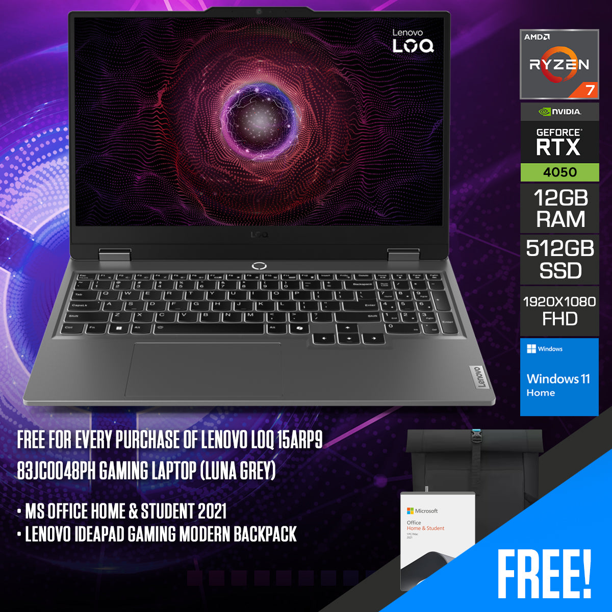 Lenovo LOQ 15ARP9 83JC0048PH Gaming Laptop (Luna Grey)