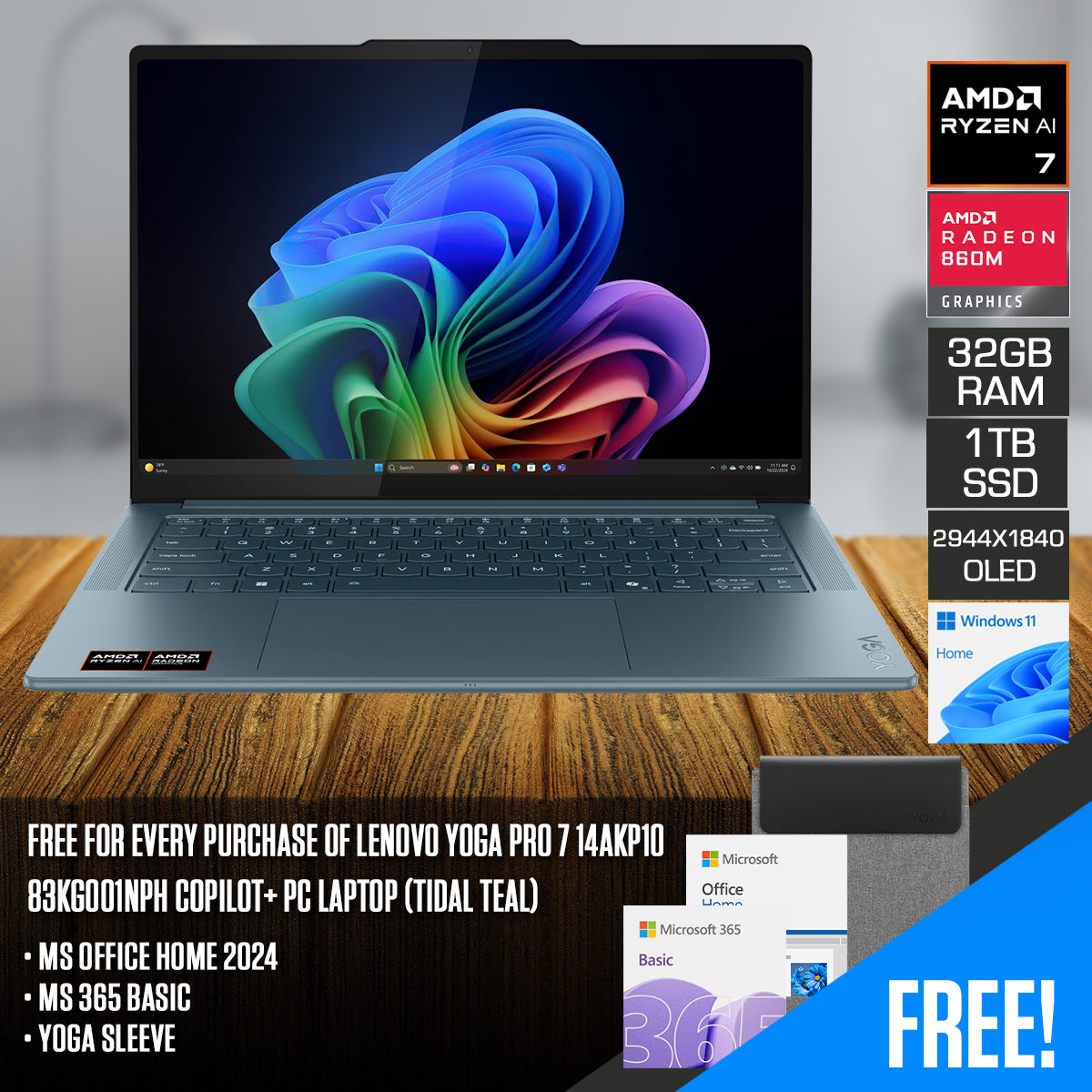 Lenovo Yoga Pro 7 14AKP10 83KG001NPH Copilot+ PC Laptop (Tidal Teal)