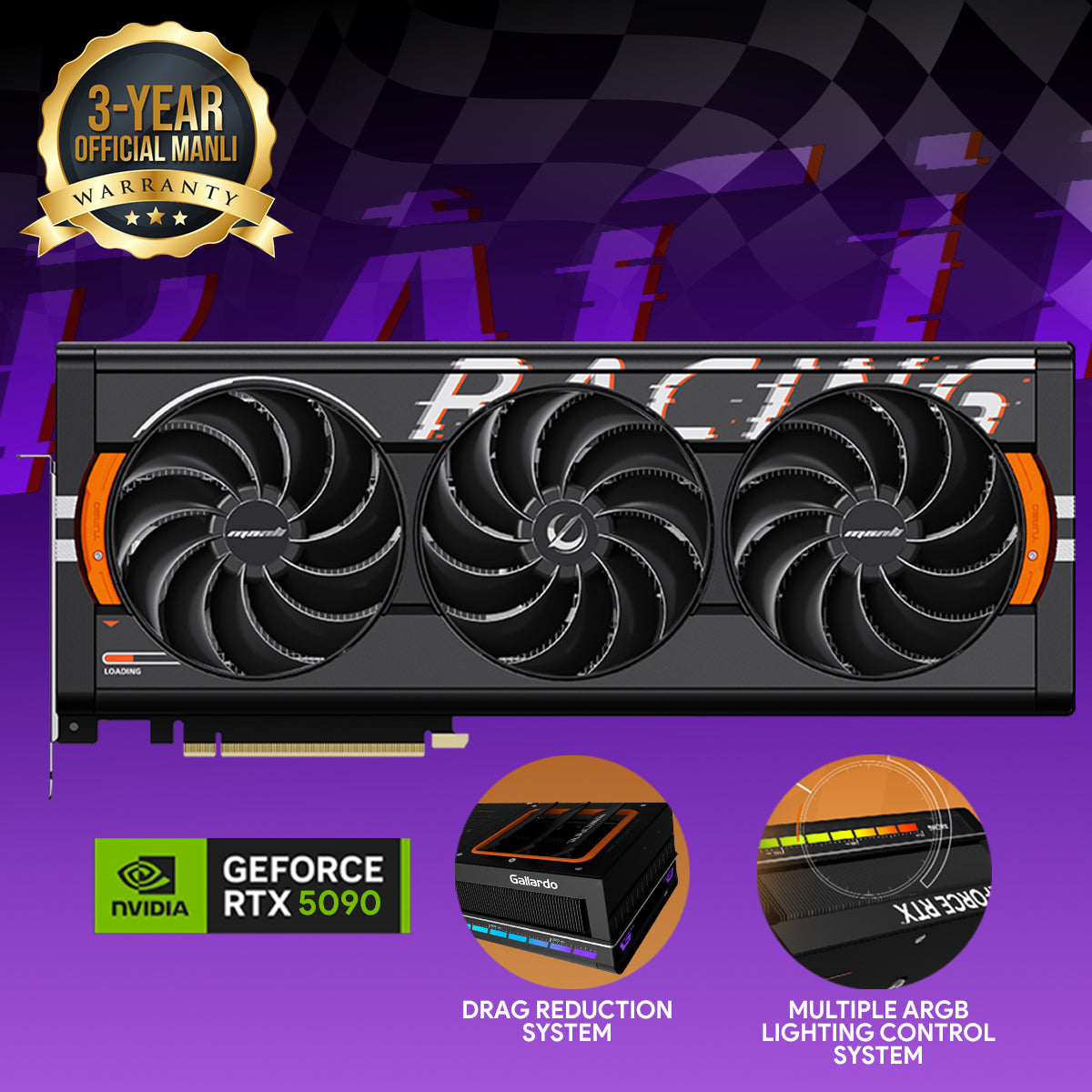 Manli Gallardo GeForce RTX 5090 OC 32GB GDDR7 Triple Cooler RGB Graphics Card (M-N509GO/D732G-M3626)