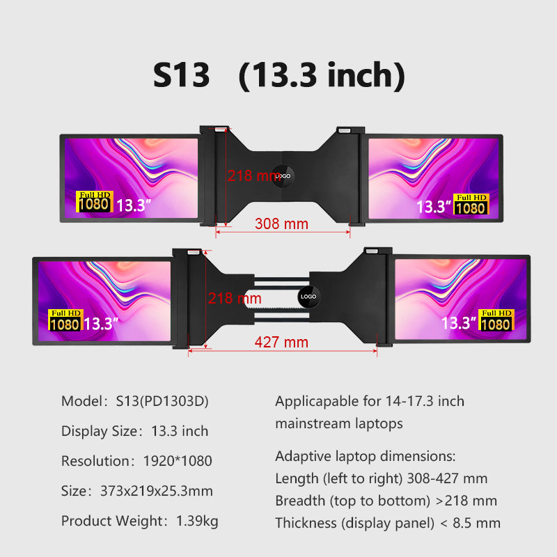 S13 13" FHD (1920x1080) IPS HDR Portable Dual Screen Monitor for Notebook Laptop + Sleeve