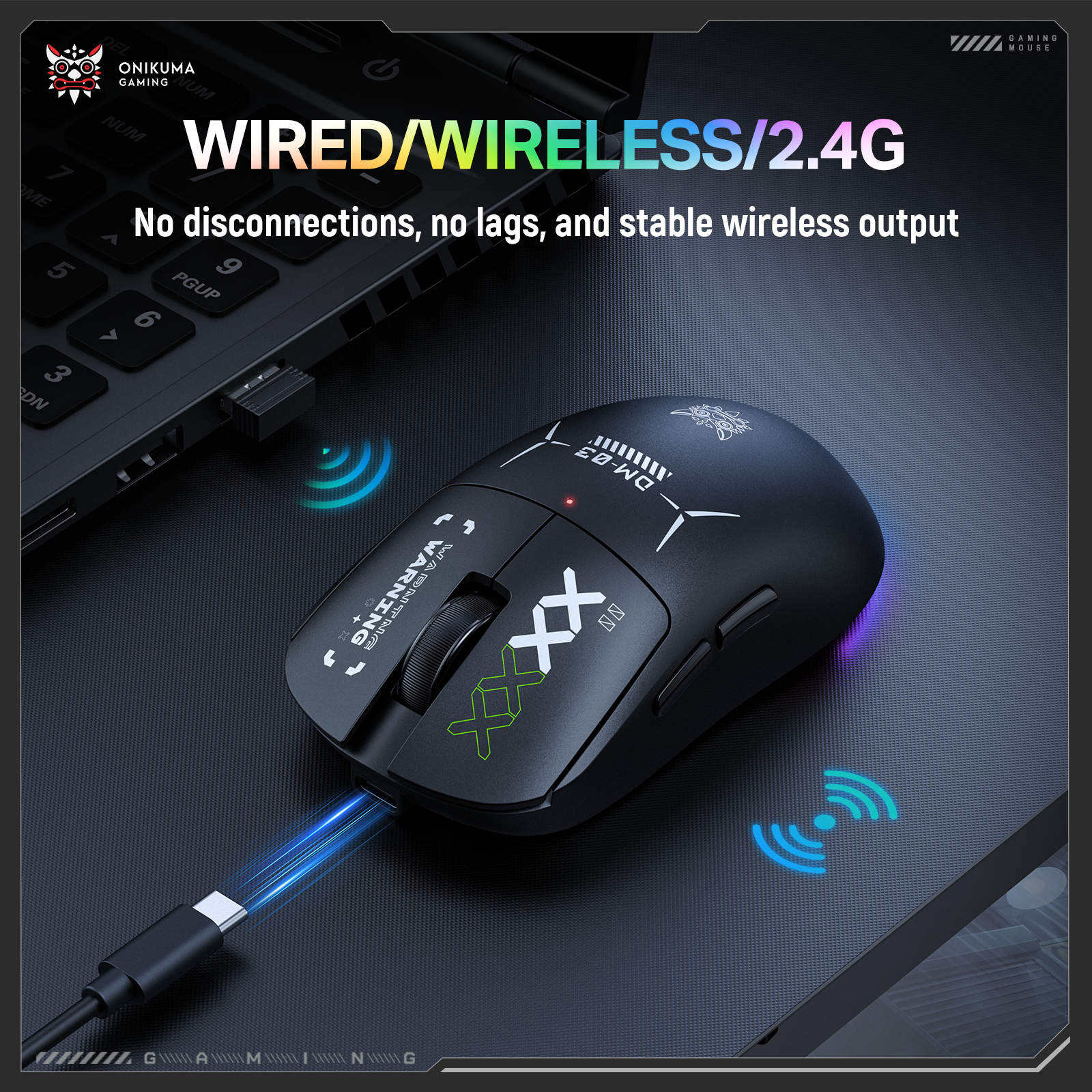 Onikuma DM03 Tri-Mode RGB Wireless Gaming Mouse (Black)