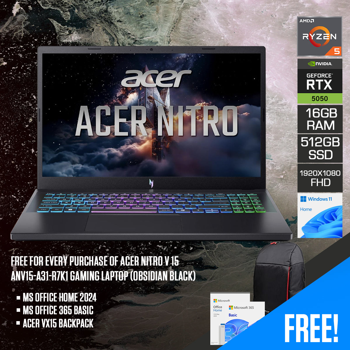 Acer Nitro V 15 ANV15-A31-R7K1 Gaming Laptop (Obsidian Black)