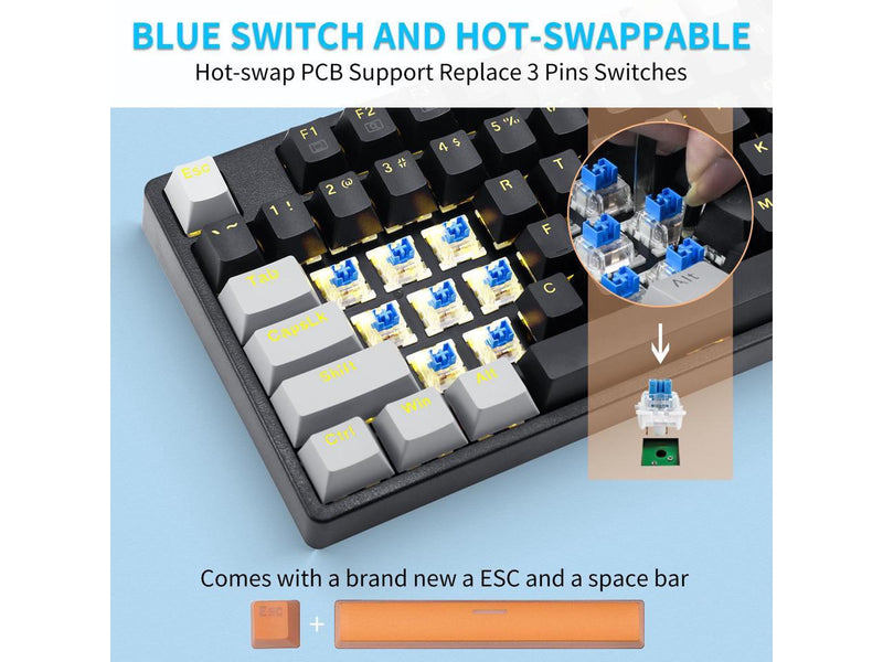 E-Yooso Z-87 Yellow Single Light 87 Keys Wired Mechanical Keyboard Black/Grey (Blue Switch)
