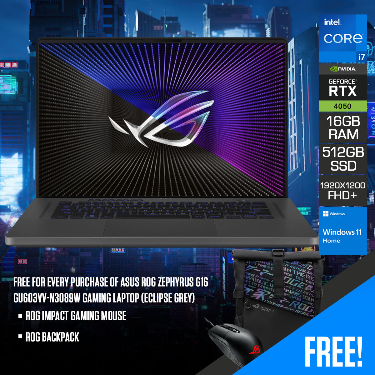 Asus ROG Zephyrus G16 GU603VV-N3089W Gaming Laptop (Eclipse Grey)