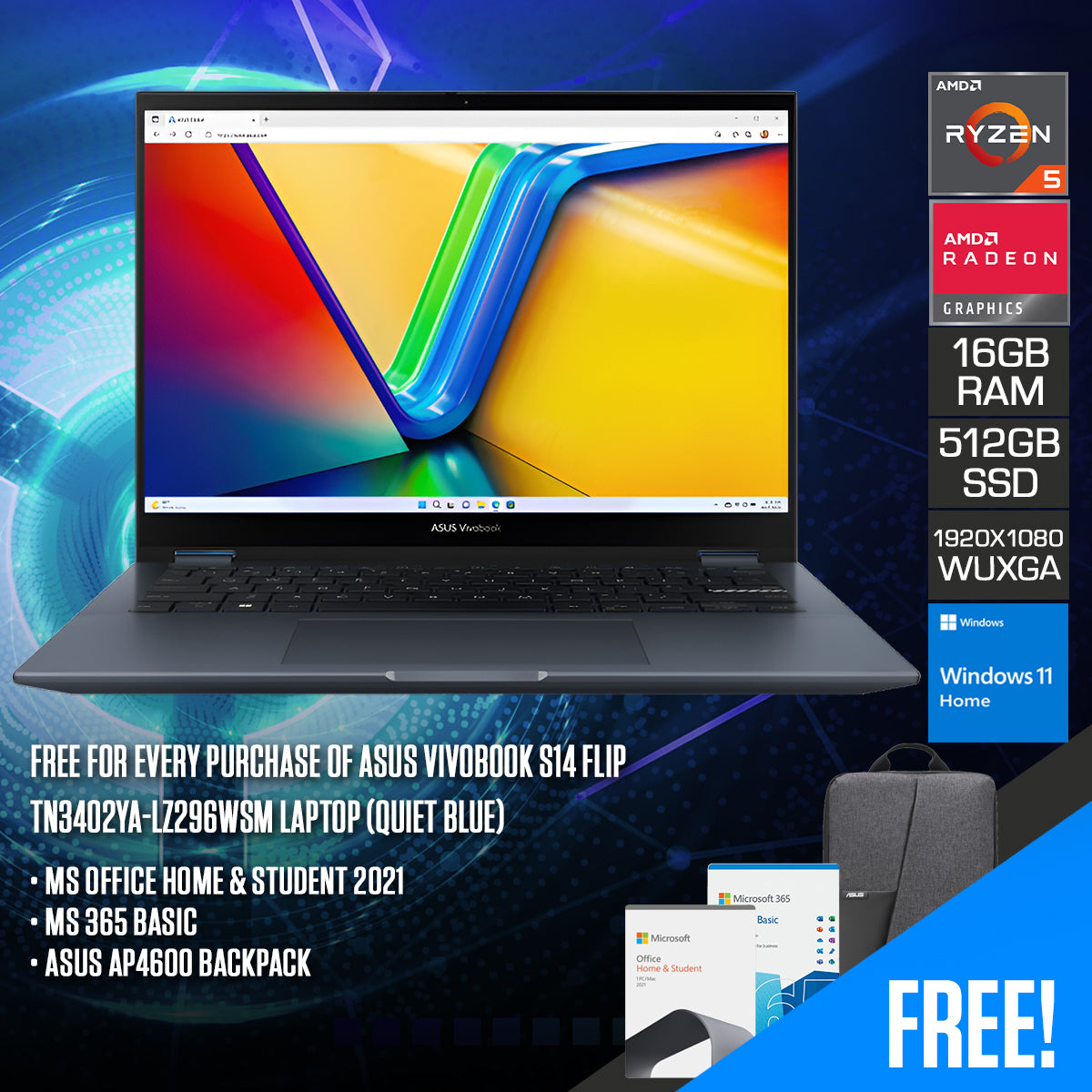 Asus Vivobook S14 Flip TN3402YA-LZ296WSM Laptop (Quiet Blue) 14