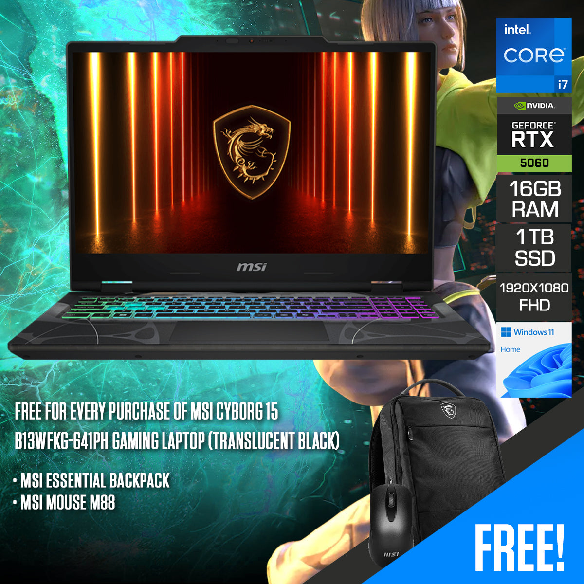 MSI Cyborg 15 B13WFKG-641PH Gaming Laptop (Translucent Black) | 15.6" FHD (1920x1080) 144Hz IPS | Core i7-13620H | 16G RAM | 1TB SSD | RTX 5060 | Windows 11 Home | MSI Essential Backpack + MSI Mouse M88