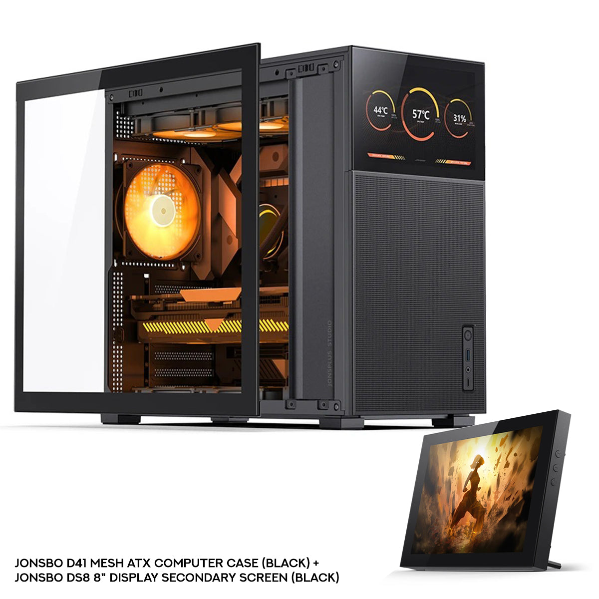 Jonsbo D41 Mesh ATX Computer Case (Black, White) + Jonsbo DS8 8" Display Secondary Screen