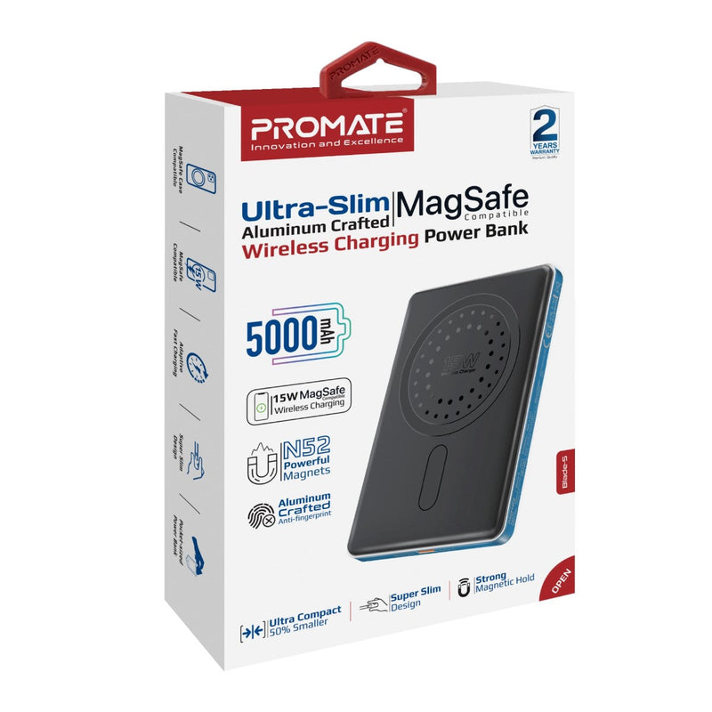 Promate Blade-5 USB-C 5000mAh Ultra-Slim Aluminum Crafted MagSafe Compatible Wireless Charging