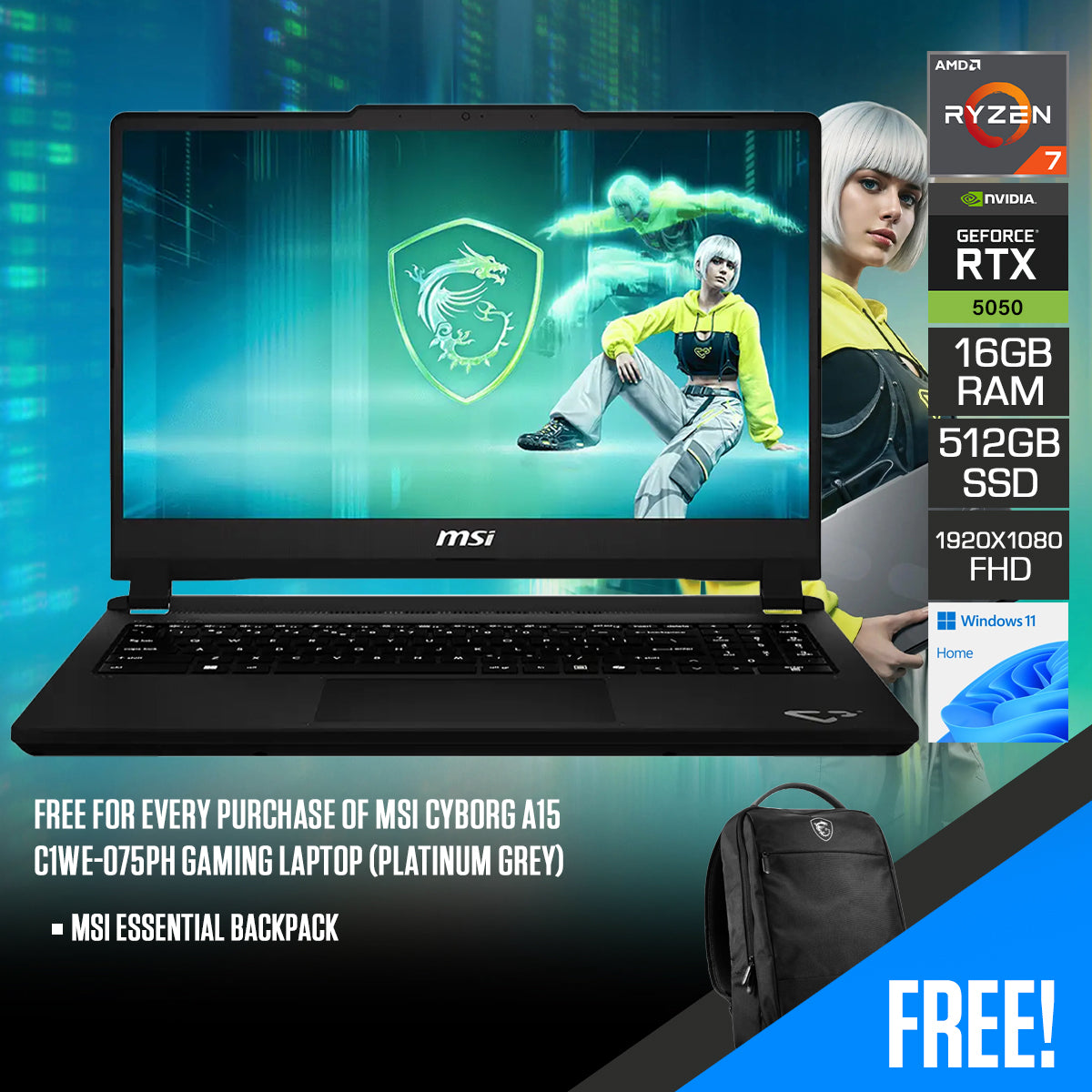 MSI Cyborg A15 C1WE-075PH Gaming Laptop (Platinum Grey)