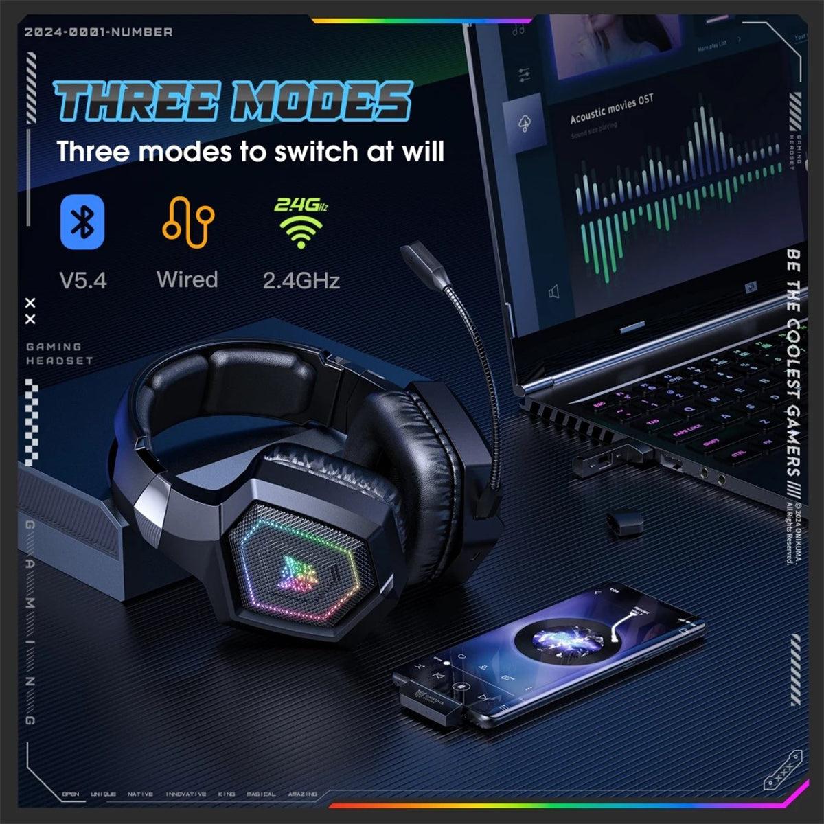 Onikuma GT806 RGB Tri-Mode Gaming Headset with Microphone (Black)