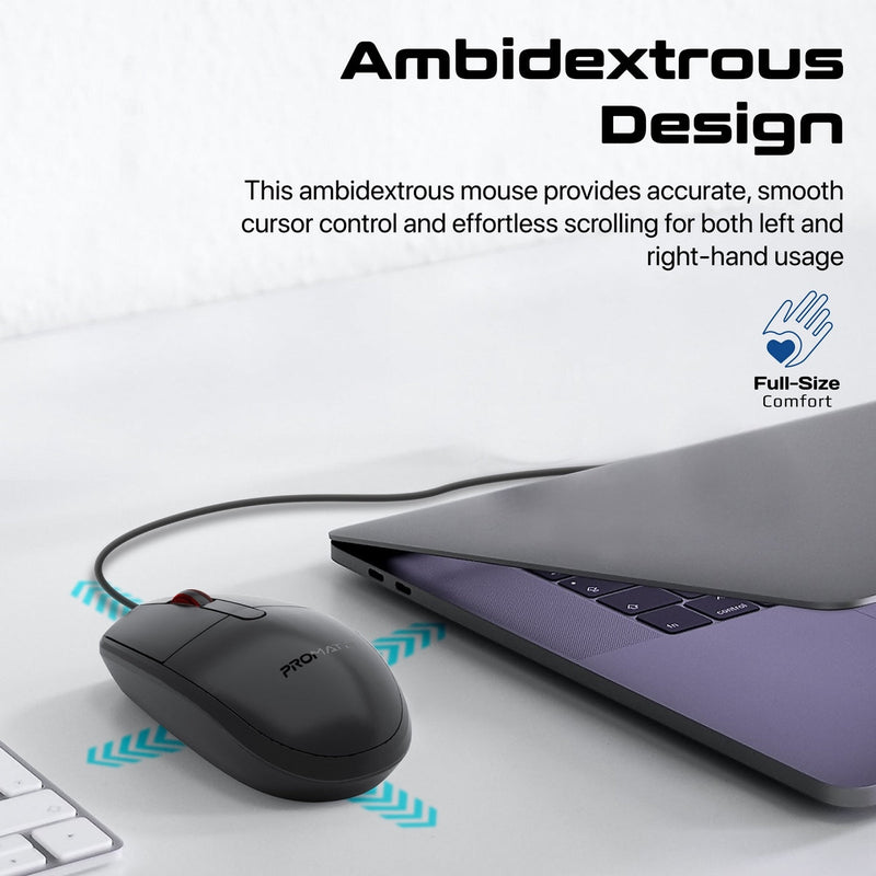Promate CM-1200 Ergonomic Design Wired Optical Mouse (Black) | DataBlitz