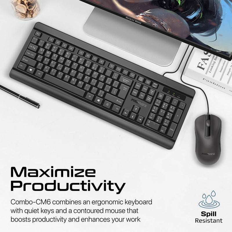 Promate Combo-CM6 Quiet Keys Wired Keyboard And 1200 DPI Mouse (Black)