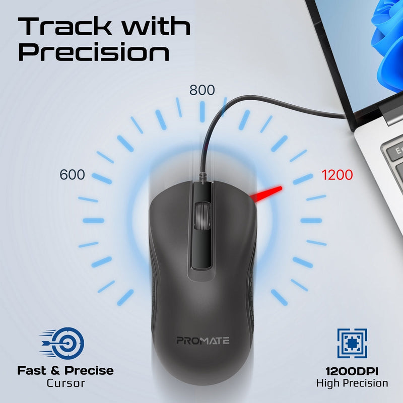 Promate Combo-CM6 Quiet Keys Wired Keyboard And 1200 DPI Mouse (Black)