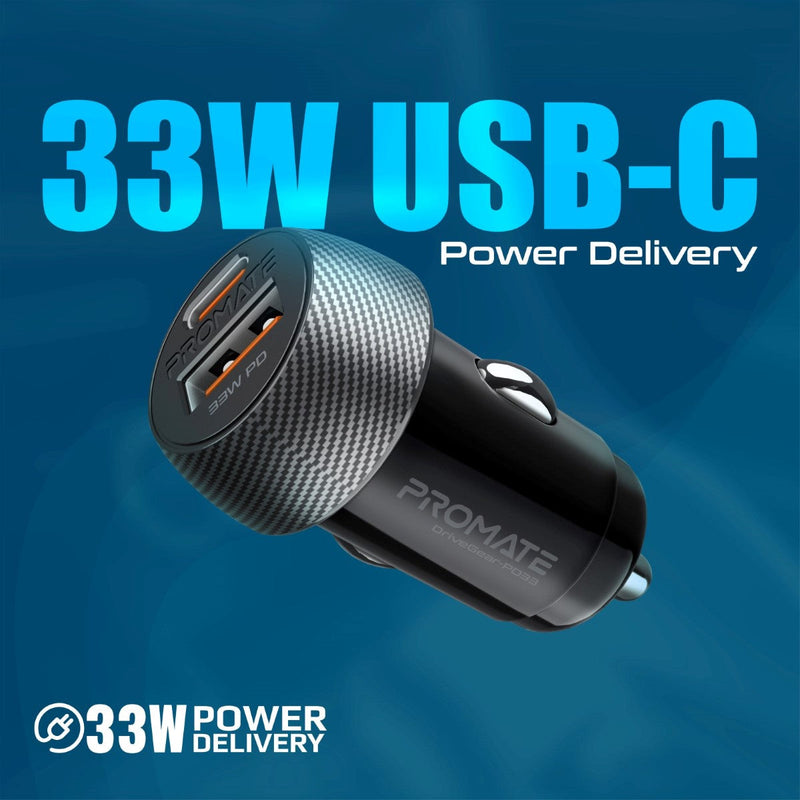Promate DriveGear-PD33 Ultra-Fast Dual Port Car Charger with 33W Power Delivery & QC 3.0